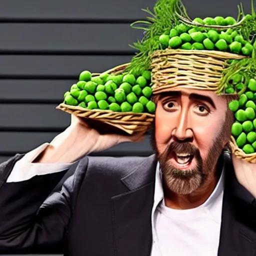 Prompt: nicolas cage wearing a wicker basket on head screaming a mouth full of peas