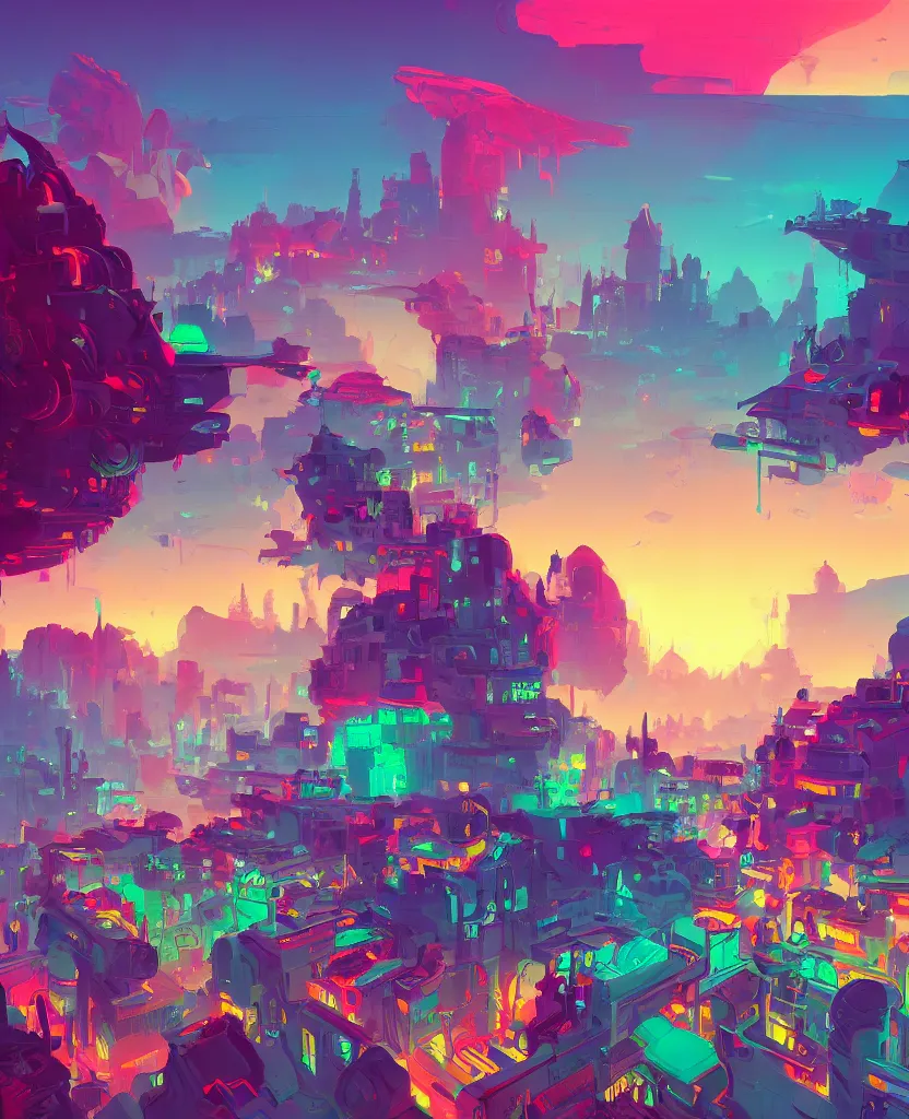 Image similar to detailed concept art of a DMT city in a fantastic landscape against a colorful sky by Anton Fadeev and Simon Stålenhag