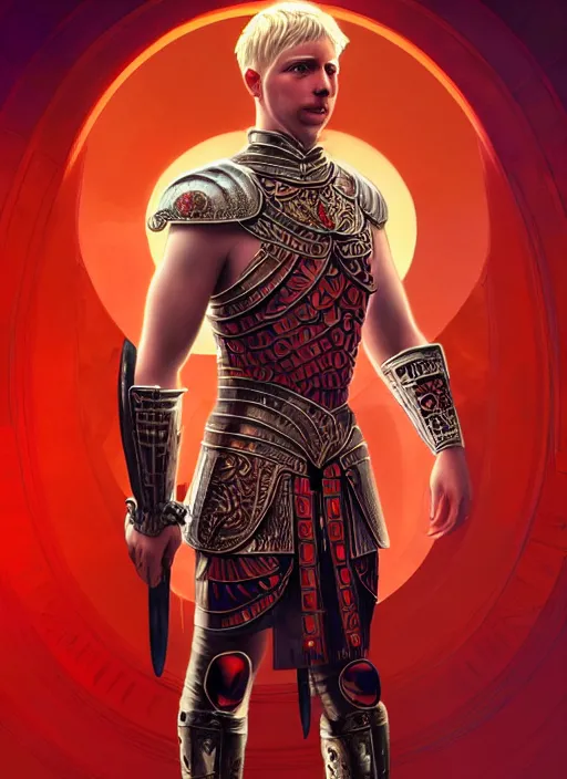 Image similar to the pale blond male praetorian centurion lucius smirking, sci fi, glowing eyes, volumetric lights, red and cyan theme, art nouveau botanicals, intricate, highly detailed, digital painting, artstation, concept art, smooth, sharp focus, cinematic, illustration, beautiful face, art by artgerm and greg rutkowski and alphonse mucha