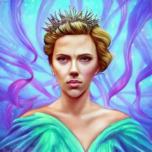 Image similar to “Scarlett Johansson portrait, fantasy, mermaid, cartoon, pearls, glowing hair, shells, gills, crown, water, highlights, starfish”