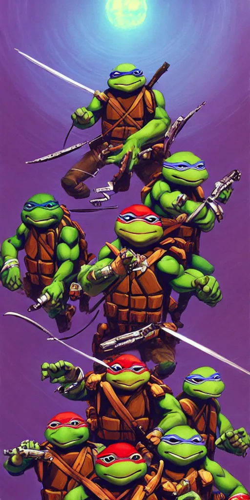 Prompt: teenage mutant ninja turtles anime style by paul lehr and james gurney,