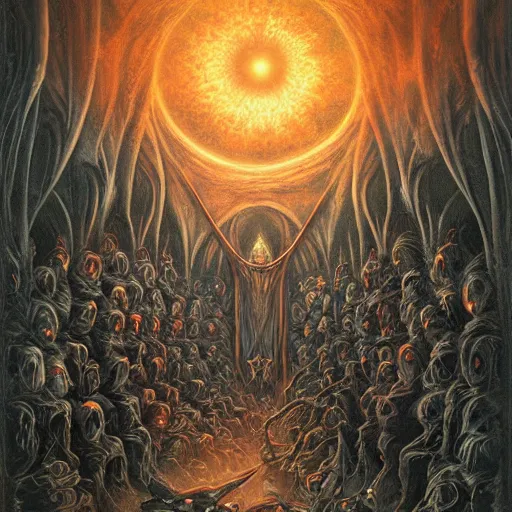 Prompt: a dark cabal of hooded elven mystics in long dark robes gathered in a circular formation around a highly advanced machine containing spirits of the dead, dan seagrave art, michael whelan