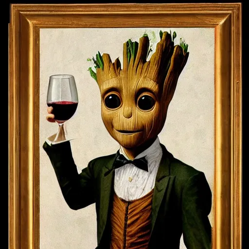 Image similar to portrait painting of the groot as a gentleman wearing tuxedo drinking wine, style by leonardo da vinci, masterpiece, artwork