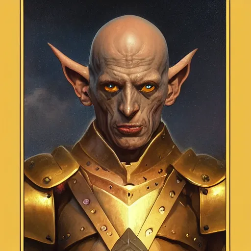 Image similar to ( ( ( head and shoulders portrait of a gaunt noseless yellow - skinned bald githyanki warrior in a breastplate, wielding a magical silver greatsword ) ) ), greg rutkowski, frank frazetta, alexandre chaudret, boris vallejo, michael whelan, miro petrov, magali villeneuve, donato giancola, d & d