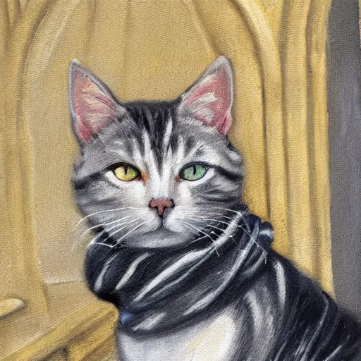 Image similar to oil painting extreme wide shot of a [ white and grey tabby cat ] wearing a [ hufflepuff scarf ], in the gloucester cathedral cloisters