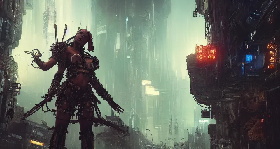 Image similar to cyberpunk gladiator, cinematic, highly detailed, octane render, cg, rich cinematic atmosphere, perfect digital art, mystical journey in strange world, Mystical, cyberpunk, tech war, sci-fi, surreal, glowing lights, sharp focus, high detailed, by Akihiko Yoshida, michael whelan and Karol Bak - H 1024