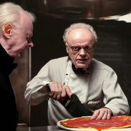 Image similar to A still of Ian McDiarmid as Emperor Palptine making a pizza, 4k, photograph, ultra realistic, highly detailed, professional lighting