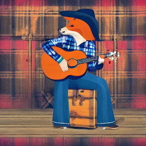 Image similar to a female fox animal, wearing cowboy hat, wearing plaid shirt, playing guitar, inside a barn, album cover style