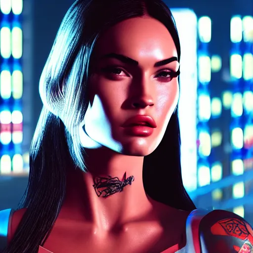 Prompt: Megan Fox portrait, Cyberpunk 2077, ultra photorealistic, cybernetic body parts, neon, octane, bokeh, 8k