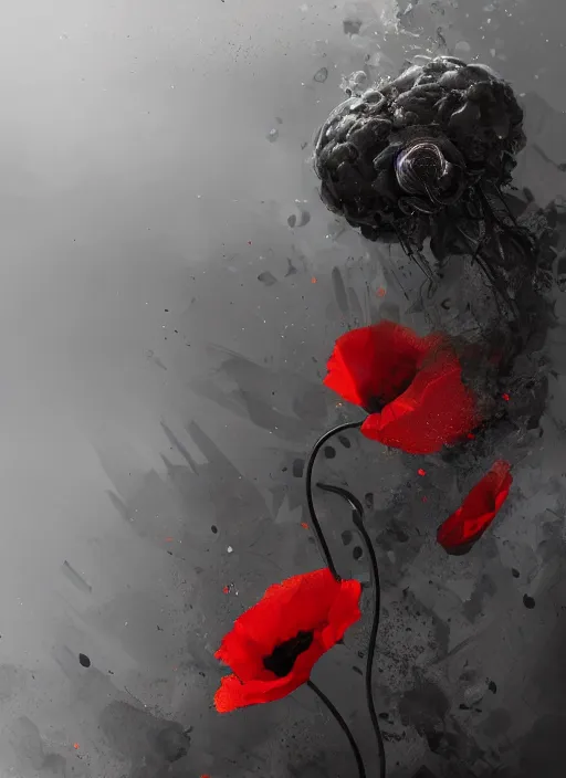 Image similar to a grenade exploding out poppies, ultra realist and ultra intricate detailed, sensual gloomy style, volumetric lighting, artstation, unreal render, depth of field