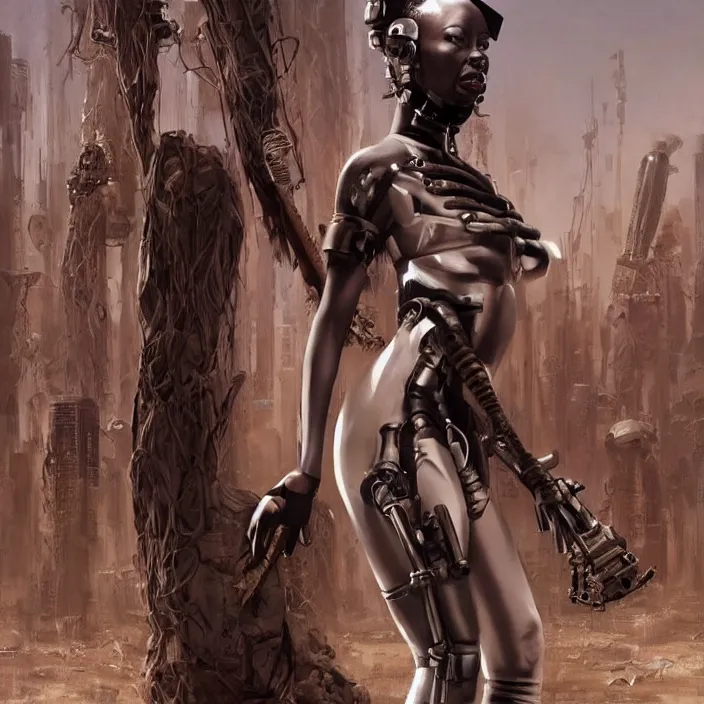 Prompt: african domme mistress, full body, tribal cyberpunk, rubber and latex, postapocalyptic, smooth white surroundings, smooth, high tech, concept art, realistic painting, digital art by greg rutkowski, by alex grey