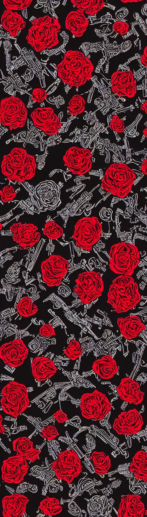 Image similar to guns and roses on a crimson and black background, intricate illustration