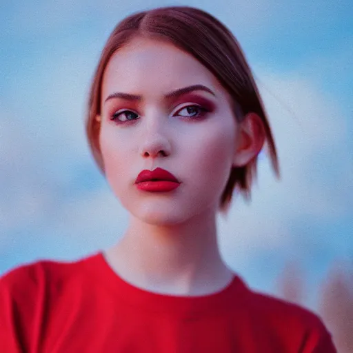 Prompt: analog closeup of a beautiful young woman wearing heavy makeup, clouds in the background, warm tones, red color bleed, film grain