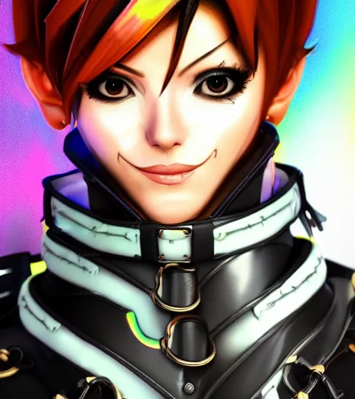 Image similar to portrait bust digital artwork of tracer overwatch, wearing black iridescent rainbow latex, 4 k, expressive happy smug expression, makeup, in style of mark arian, angel wings, wearing detailed black leather collar, chains, black leather harness, detailed face and eyes,