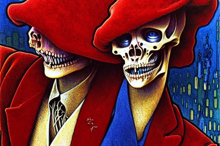 Image similar to realistic detailed closeup portrait painting of a single skeleton wearing red velvet blazer in a crowded futuristic moscow street by Jean Delville, Amano, Yves Tanguy, Alphonse Mucha, Ernst Haeckel, Edward Robert Hughes, Roger Dean, rich moody colours, blue eyes