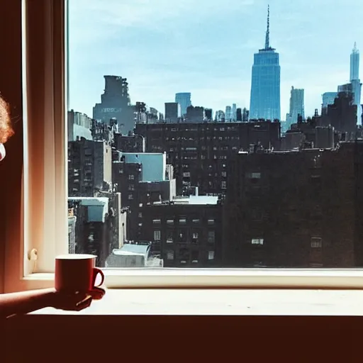 Prompt: “ a girl holding a cup of coffee looking out a window overlooking the east village in new york city, morning light, by hayao miyazaki ”