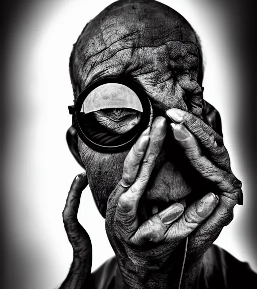 Prompt: portrait of the invisible man, angry look, dark background, studio light, hdr, nikon 2 4 mm f / 1. 8 g, in - frame, by sebastiao salgado