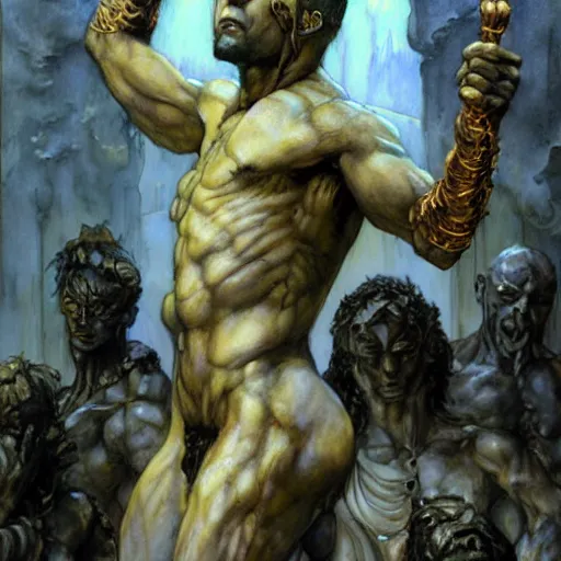 Image similar to Roguish Picaro Dsurion stands at the gates of Hades Hand Crafted By Rodin. Painting by Donato Giancola Jeff Simpson stamp watercolor