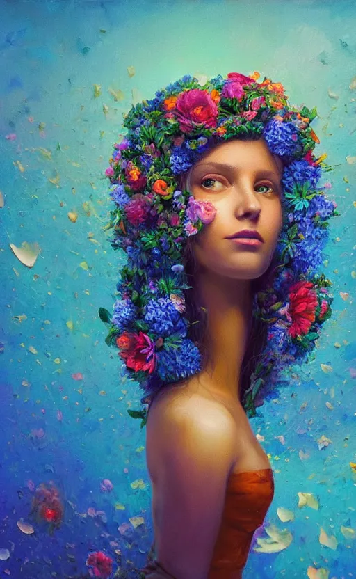 Prompt: a beautiful oil painting hyperrealism of a beautiful woman, flowers, floral headdress, 8 k resolution, octane render, trending on artstation, by gediminas pranckevicius, volumetric light 2 blue fractal thunder glow by dan mumford, anaglyph effect, laurie lipton