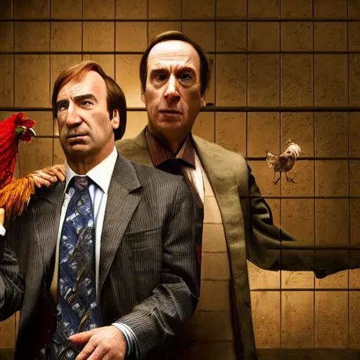 Image similar to saul goodman and a rooster in a saw movie torture chamber, saw movie jigsaw background, saul goodman, rooster, photo