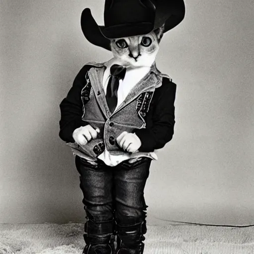 Image similar to Cat wearing a cowboy hat and boots by Anton Corbijn