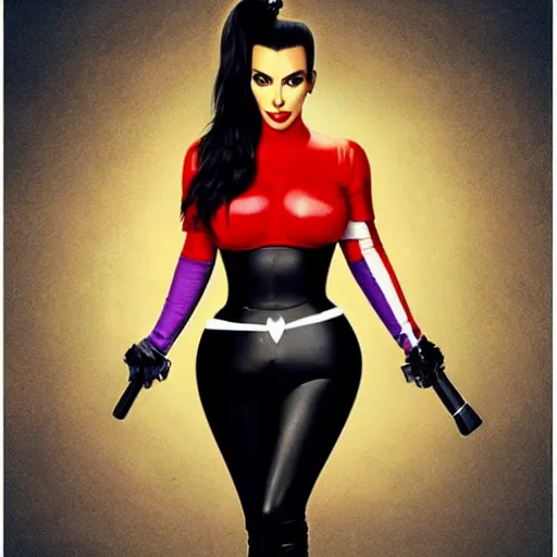 Image similar to kim kardashian as harley quinn, body tight outfit, movie poster,