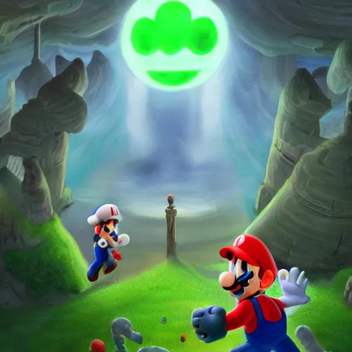Prompt: professional fantasy art of new mario brother in green shirt and white overalls, long thin drooping dangling mustache, very sad face, looking at camera, professional art, dnd, fantasy art, red moon, matte painting, volumetric lighting, unreal engine 5, very detailed art
