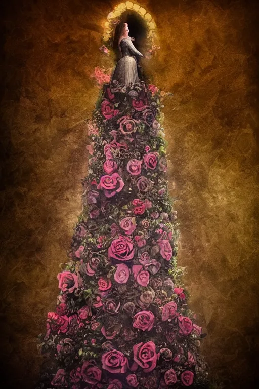 Prompt: elegant fairytale tower covered in roses, full body portrait of medieval princess, cottagecore, nostalgia of a fairytale, Exquisite, dramatic lighting, black paper, muted colors and gradients