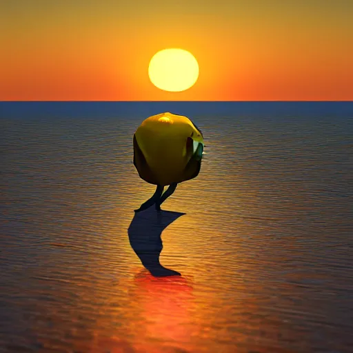 Prompt: a Cgi pixar lemon fishing at sunset