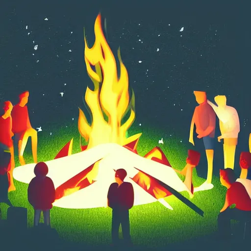 Image similar to sad people gathered around a camp fire at night, dark background, digital art