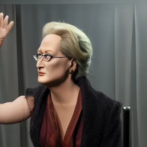 Prompt: animatronic Meryl Streep, exposed mechanics, photo, Stan Winston studios, detailed, 4k