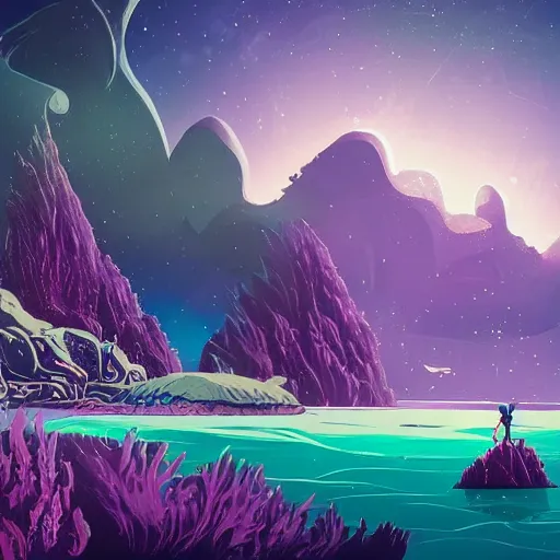 Image similar to sea under starry sky with reefs, light purple tones, animated film, stylised, illustration,, fantasy art, 2 d game art, by eyvind earle, scott wills, genndy tartakovski, roman shipunov, etienne hebinger, atey ghailan, cgsociety, cynical realism