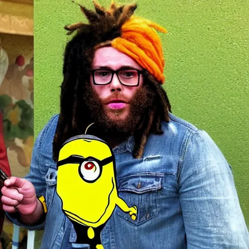 Image similar to seth rogan smoking weed with a minion dressed as bob marley