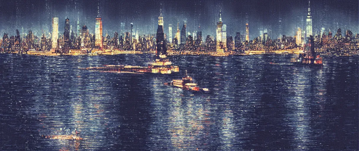 Image similar to carrier ship sailing on flooded miniature new york city at night, raining, art by yoshitaka amano, and artgerm, pixel art