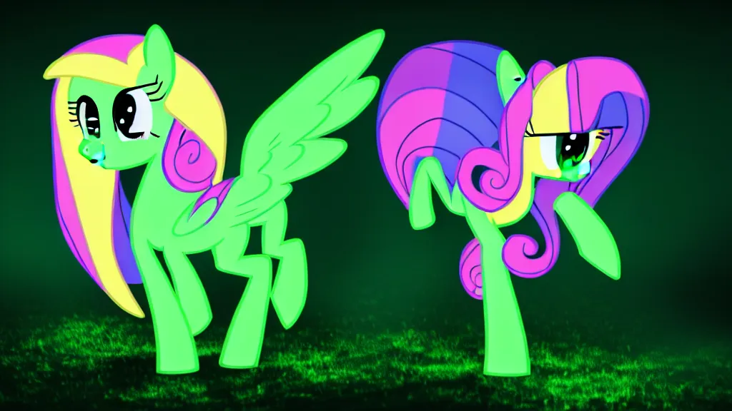 Image similar to 3D Fluttershy from My Little Pony as a necromancer, standing over a dead pony, bright green swirls coming up around her, glowing aura, pitch black background, dramatic and colorful lighting, she is surrounded by green chibi glowing skulls, smoke all around, unrealengine, 4k, HDR