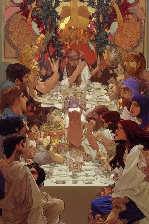 Image similar to the last supper, by artgerm and moebius and alphonse mucha, hyperdetailed, dc comics, explosions in the sky, trending on artstation