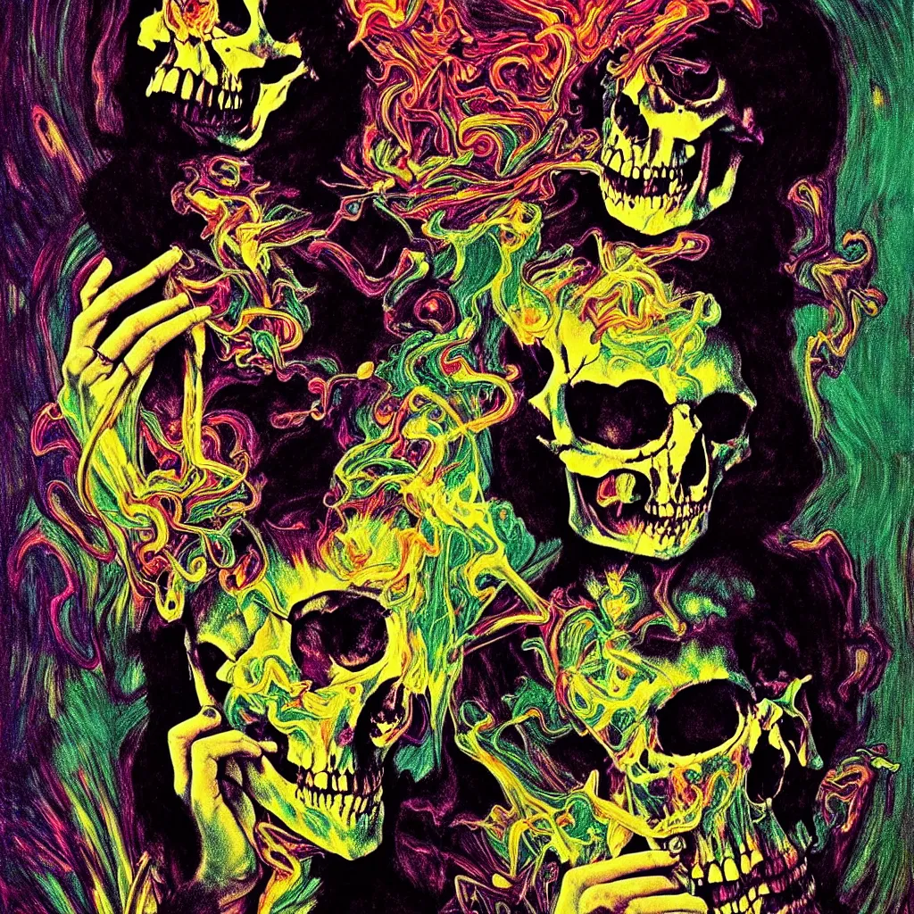 Image similar to bright psychedelic photo of SYD BARRETT SKULL SMOKING, diffuse lighting, fantasy, intricate, elegant, highly detailed, lifelike, photorealistic, digital painting, artstation, illustration, concept art, smooth, sharp focus, art by John Collier and Albert Aublet and Krenz Cushart and Artem Demura and Alphonse Mucha