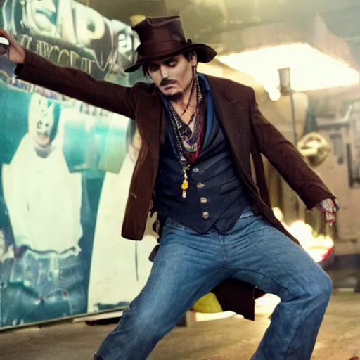 Prompt: johnny depp starring in the movie dig dug arcade, movie still, action pose, 8 k