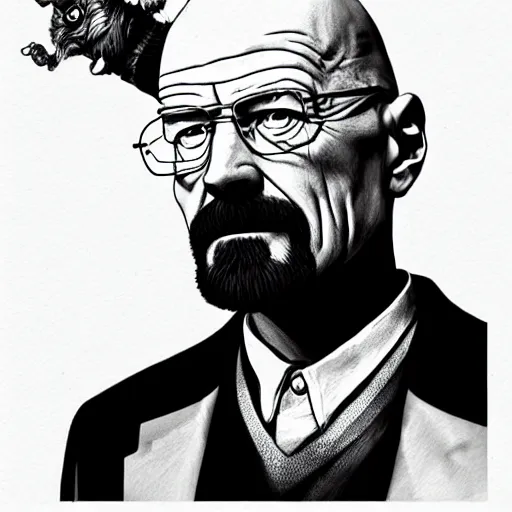 Prompt: Walter white in a scene from Alice in wonderland, artstation, concept art, sharp focus, illustration in pen an ink, black and white, art by Masashi Tanaka