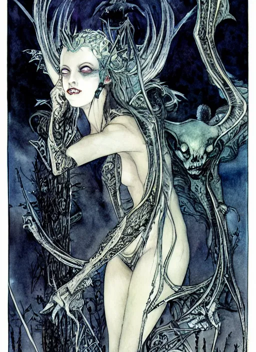 Prompt: dark vampire queen closeup face surrounded by bats, night sky, art by luis royo and walter crane and kay nielsen, watercolor illustration,