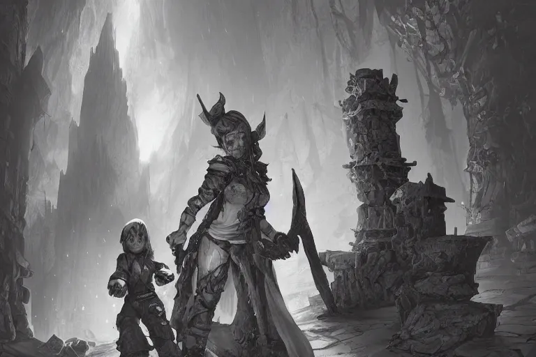 Prompt: black and white one point perspective dungeon cozy fantasy dungeon the stable gnome acolyte Kader asks you for help with the blade ghost,by artgerm and Craig Mullins, James Jean, Andrey Ryabovichev, Mark Simonetti and Peter Morbacher 16k