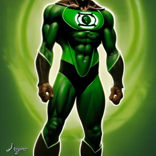 Image similar to A studio full body shot of a photorealistic green lantern performer by Jamie Foxx, symmetrical face, deep focus, D&D, fantasy, intricate, elegant, highly detailed, digital painting, artstation, concept art, matte, sharp focus, illustration, hearthstone, art by Artgerm and Greg Rutkowski and Alphonse Mucha