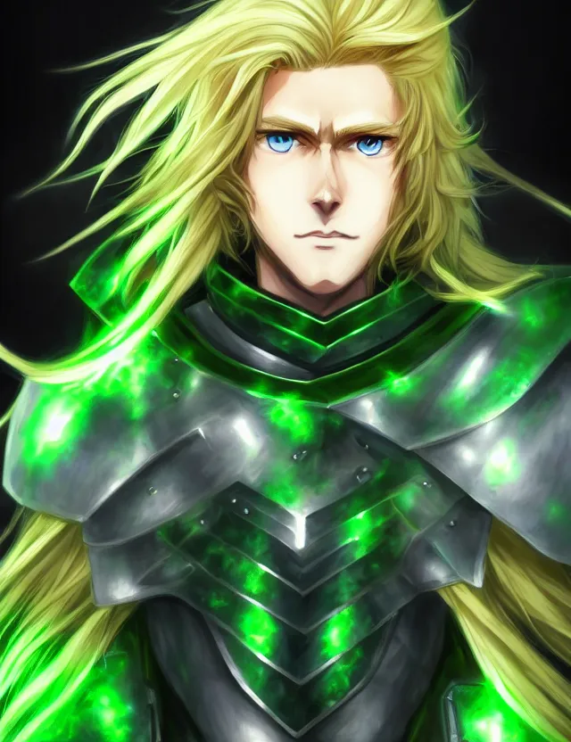 Prompt: an excellent anime portrait of a long haired blonde man with blue eyes in green armour glowing with green energy, trending on artstation, digital art, 4 k resolution, detailed, high quality, sharp focus, hq artwork, coherent, insane detail, character portrait, body portrait