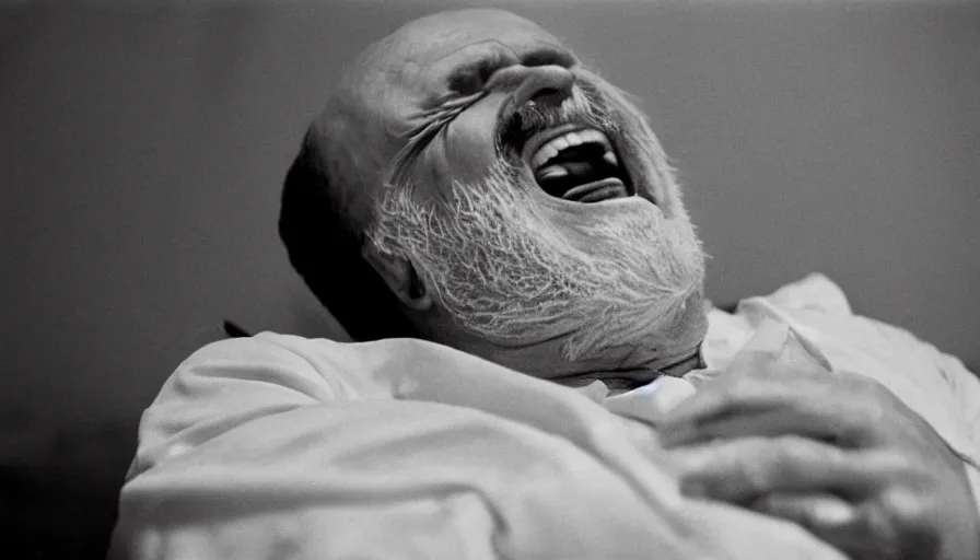 Prompt: 1 9 6 0 s movie still close - up of chrysippus laughing to death on the floor in a neoclassical marble room, cinestill 8 0 0 t 3 5 mm, high quality, heavy grain, high detail, texture, dramatic light, anamorphic, hyperrealistic, detailed beard