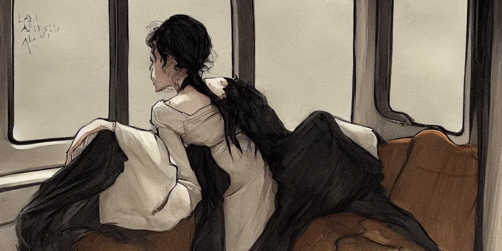 Image similar to a beautiful painting of a sad woman on a train by abigail larson, trending on artstation