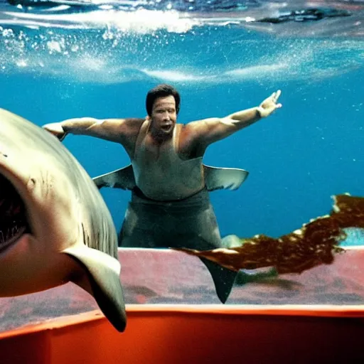 Prompt: mark wahlberg in a shark costume diving under water during shark week.