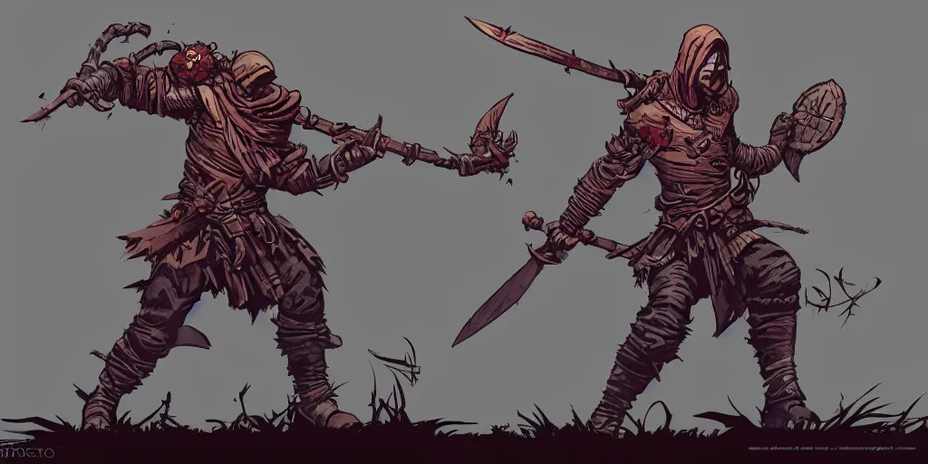 Prompt: warrior character design, idle, attack, sprite, darkest dungeon, pc game, sideview, transparent background, art by moebius and greg rutkowski.