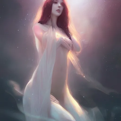 Prompt: A beautiful ethereal woman by WLOP, greg rutkowski and ross tran - H 768