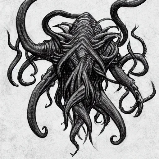 Image similar to a rough pencil sketch of cthulhu rising from a stormy sea highly detailed, dark colors, intricate, 8 k, artstation