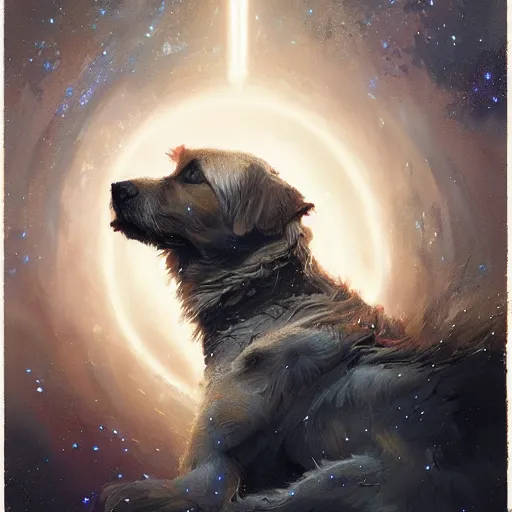 Image similar to portrait of a beautiful young dog falling into the stars by greg rutkowski, 4k, intricate details